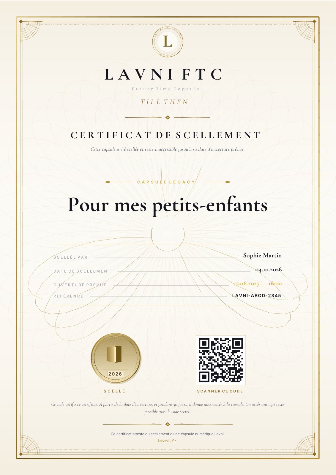 Exemple de certificat numérique Lavni pour une Capsule Legacy