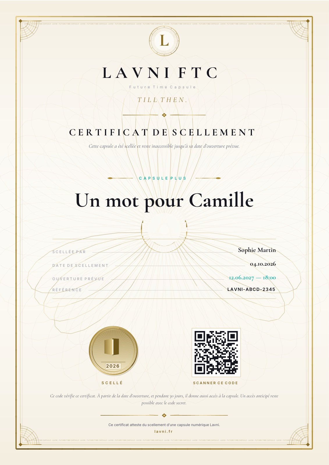 Exemple de certificat numérique Lavni pour une Capsule Plus