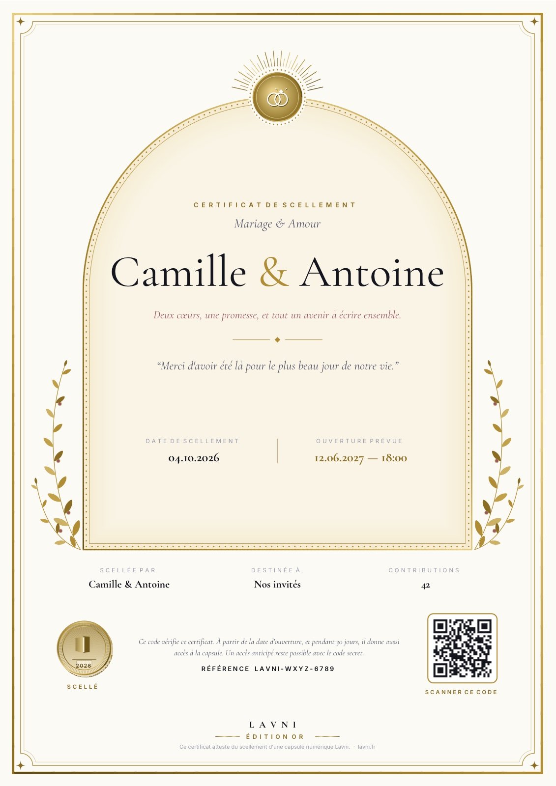 Exemple de certificat Édition Or Lavni pour une capsule de mariage
