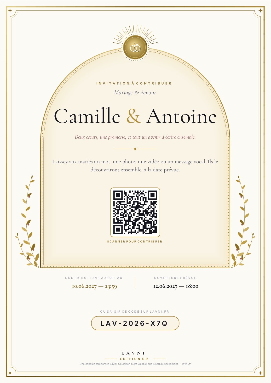 Exemple de carton d'invitation Lavni pour une capsule de mariage